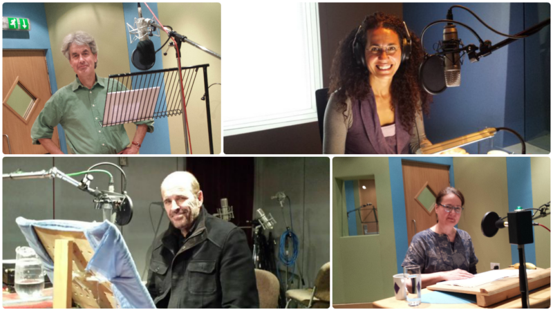 Collage of two men and two women in front of microphones, recording their voices.